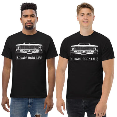 Men wearing a 73-75 Square Body T-Shirt in black from Aggressive Thread